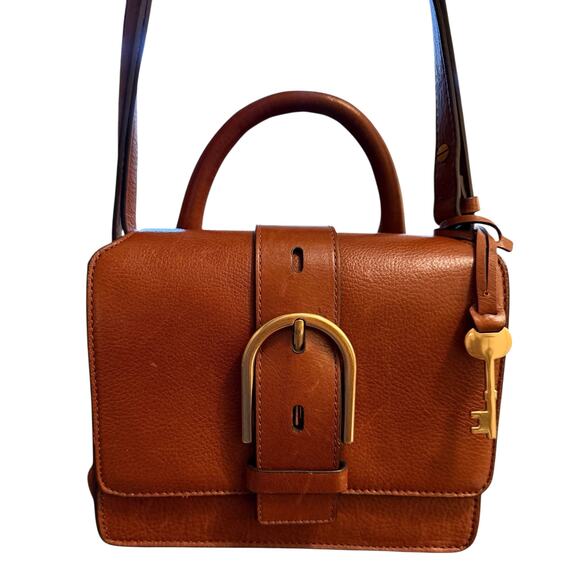 Fossil Handbags - Fossil Wiley Mini Leather Satchel Brown Crossbody Bag Brass Buckle Key Charm